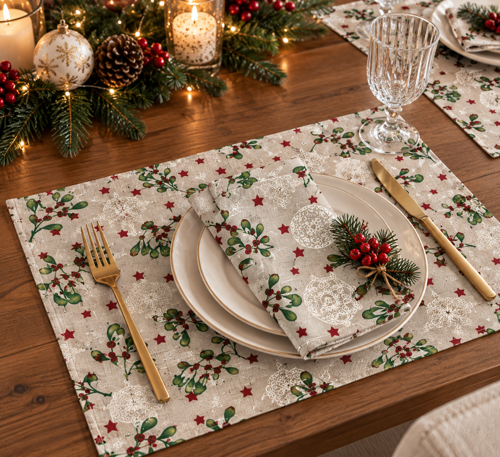 TESSUTO PALLINE DI NATALE E FOGLIE