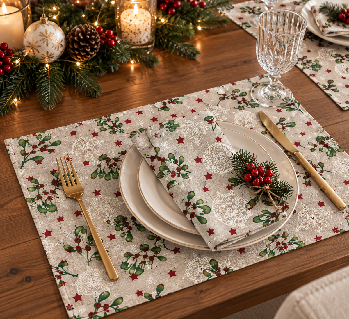 TESSUTO PALLINE DI NATALE E FOGLIE