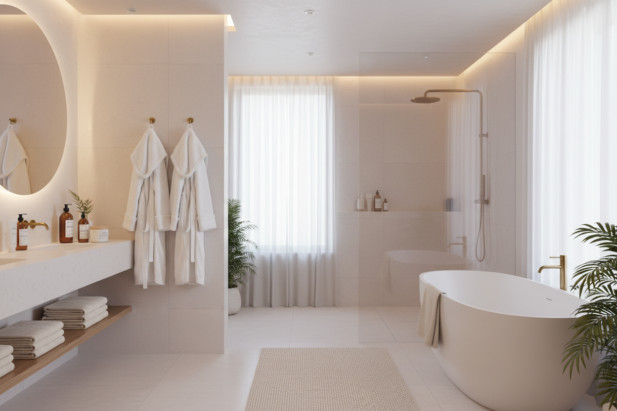 Bagno con accappatoi, asciugamani e tappeti